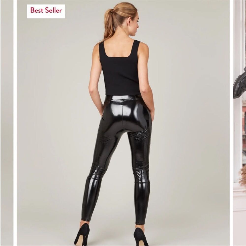 SPANX | Faux Patent Leather Body Shaping Black Leggings Women’s Size Medium & 1X - Picture 12 of 16